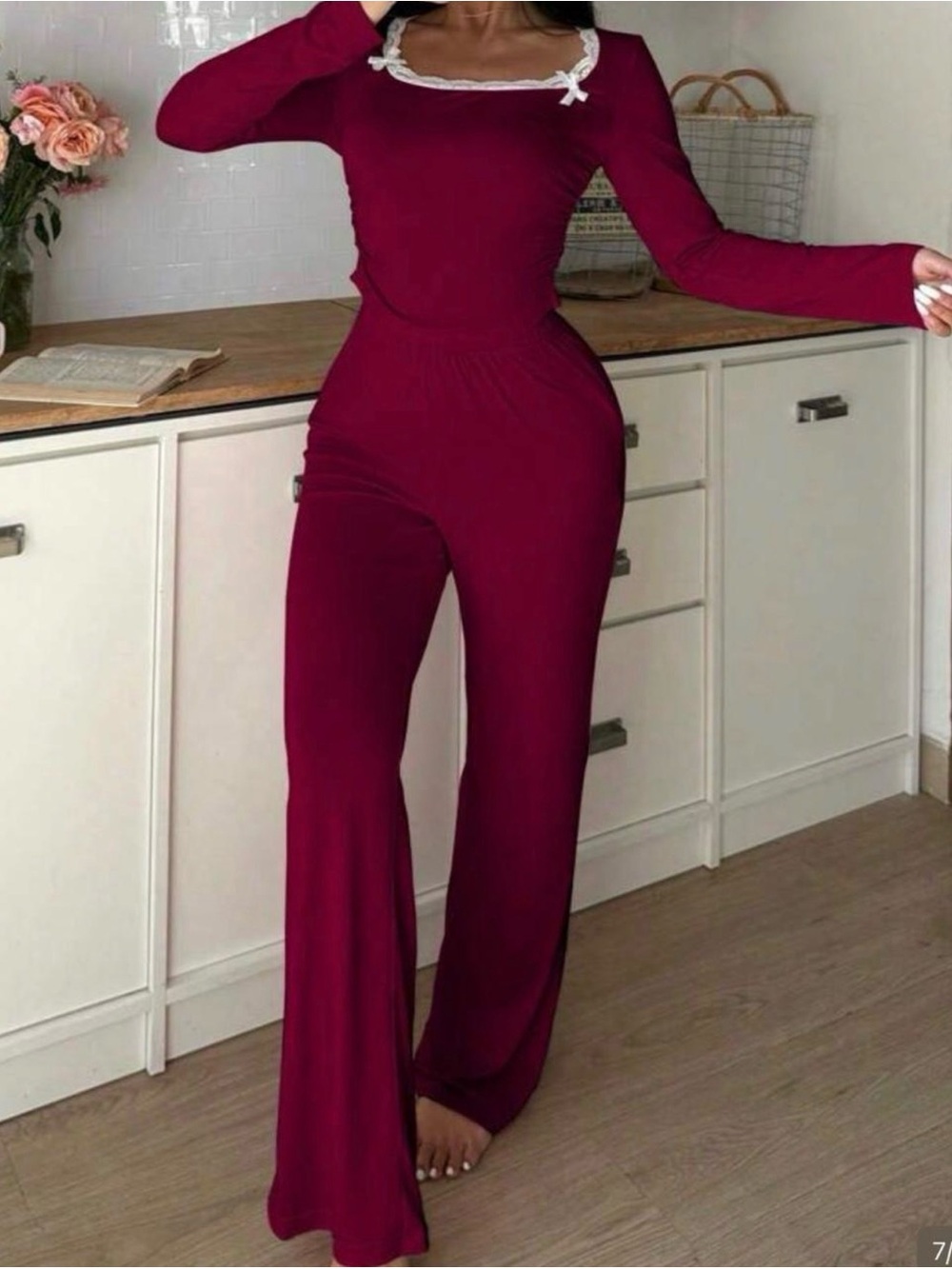 SHEIN Long Sleeve Burgundy pj set with Lace Trim